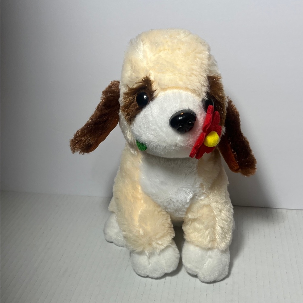 Adorable Cream and Brown Stuffed Animal Dog Toy with a red flower